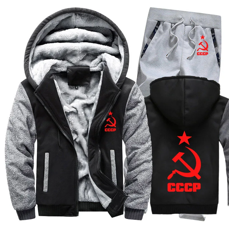 

Winter Men's Sweatshirt CCCP Russian USSR Soviet Union Thicken Warm Wool Fleece High Quality Men's Jackets+Pants 2 Piece Set