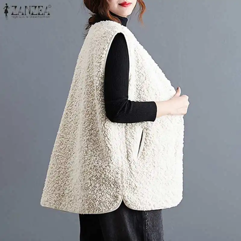 

Vintage Winter Sleeveless h Fluffy Coats ZANZEA Women Autumn Vests Jackets Casual Buttons Down Pockets Outwear