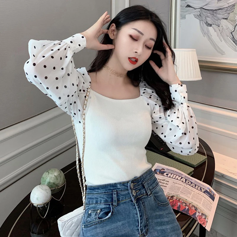 

Korean Style Knitted Sweaters Slash Neck Stitching Temperament Slim Long-sleeved Sweaters Off Shoulder Tops