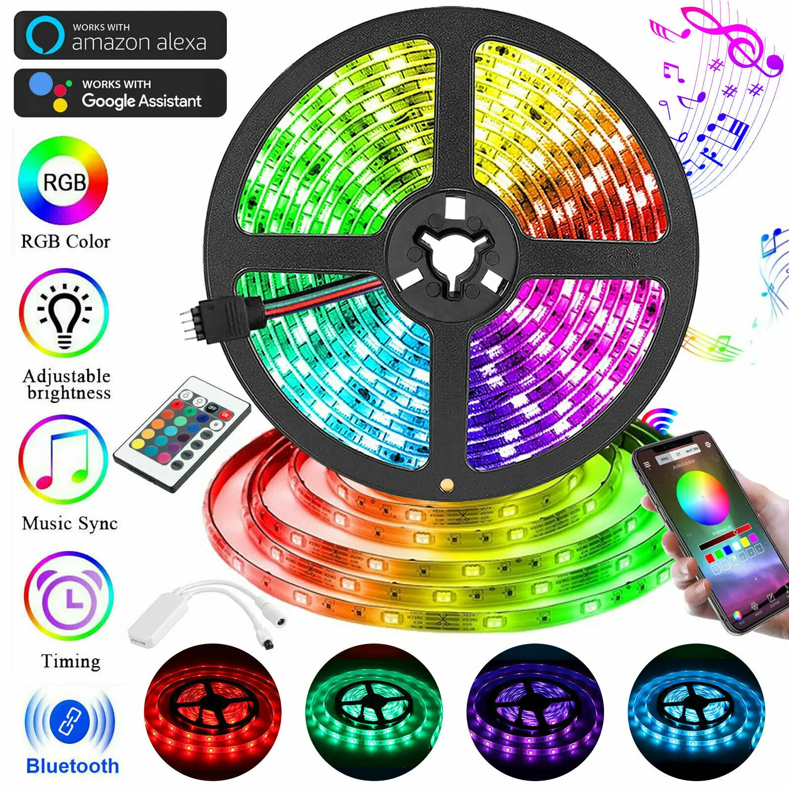 Luces Fita Led Strip Lights RGB 5050 SMD Luz Suitable For Rooms Bluetooth WiFi Compatible Con Alexa Control Google Tira