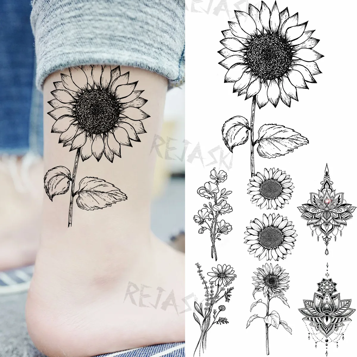 

Sunflower Fashion Temporary Tattoos For Women Adult Bouquet Mandala Pendant Fake Tattoo Foot Wrist Water Transfer Tatoos Sticker