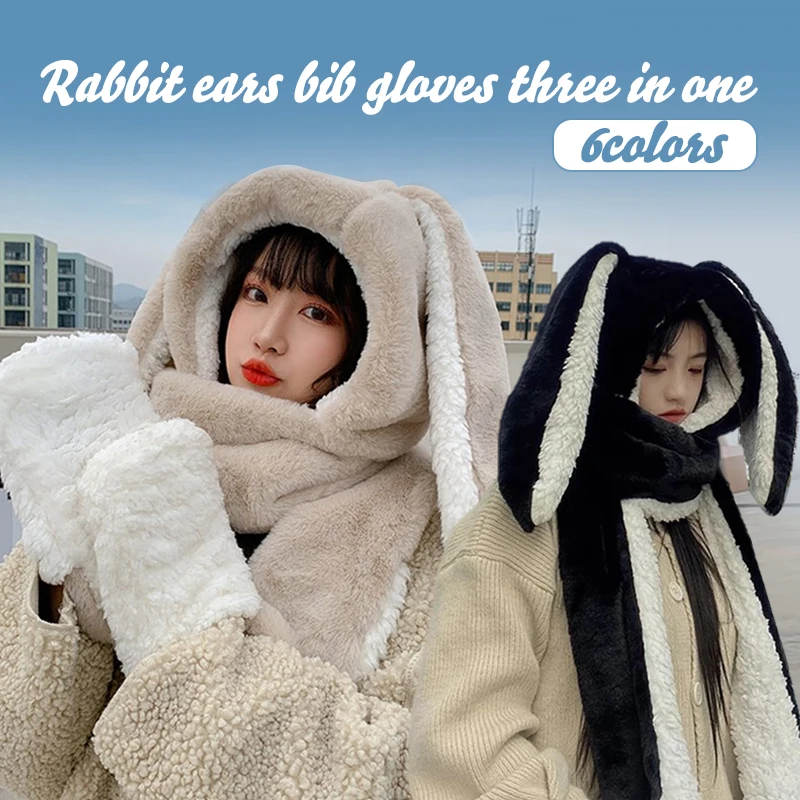 Модный шарф 3 в 1 шапка перчатка женский милый пушистый большой кролик с ушками