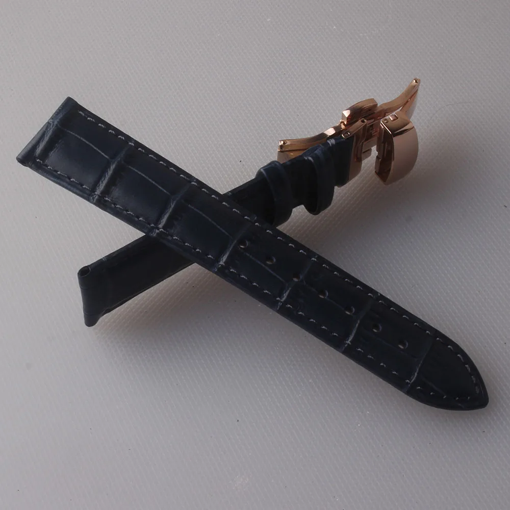 Ремешок из натуральной кожи для часов тёмно синий браслет наручных с застежкой