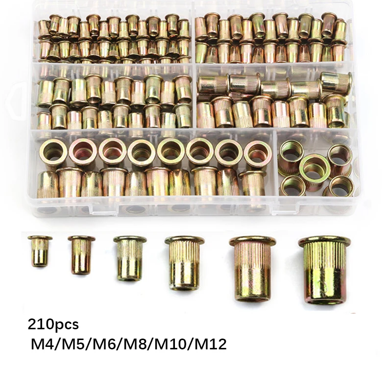 

100/165/210pcs Zinc Plated Flat Head Rivet Nut Set Carbon Steel M3 M4 M5 M6 M8 M10 M12 Threaded Insert Nuts Set Hardware Parts