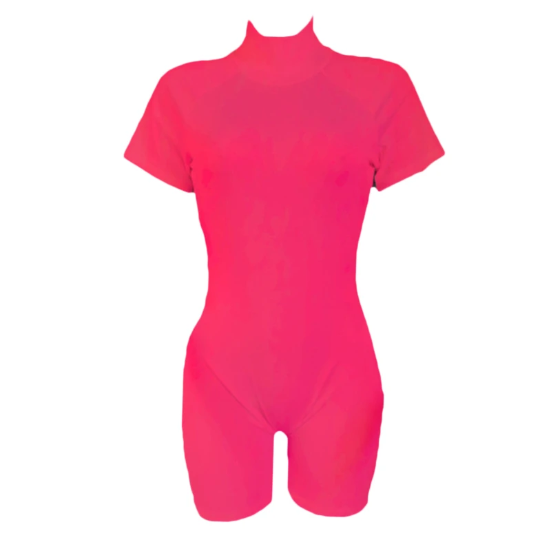 

Fitness Women Streetwear Neon Bodysuit Women Mock Neck Short Sleeve Casual Playsuit High Elastic Sexy Tight Sports Overalls 2020