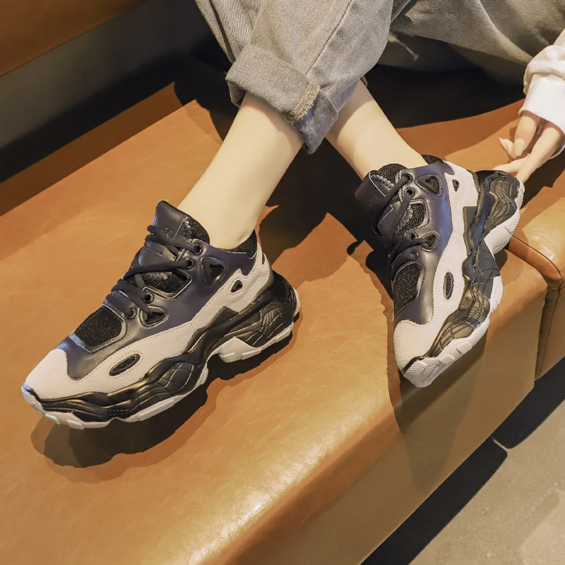 

Autumn Winter Chunky Sneakers Thick Sole Platform Women Shoes Woman Plus Size 35-40 Lace Up Air Mesh Ladies Shoes Female Flats