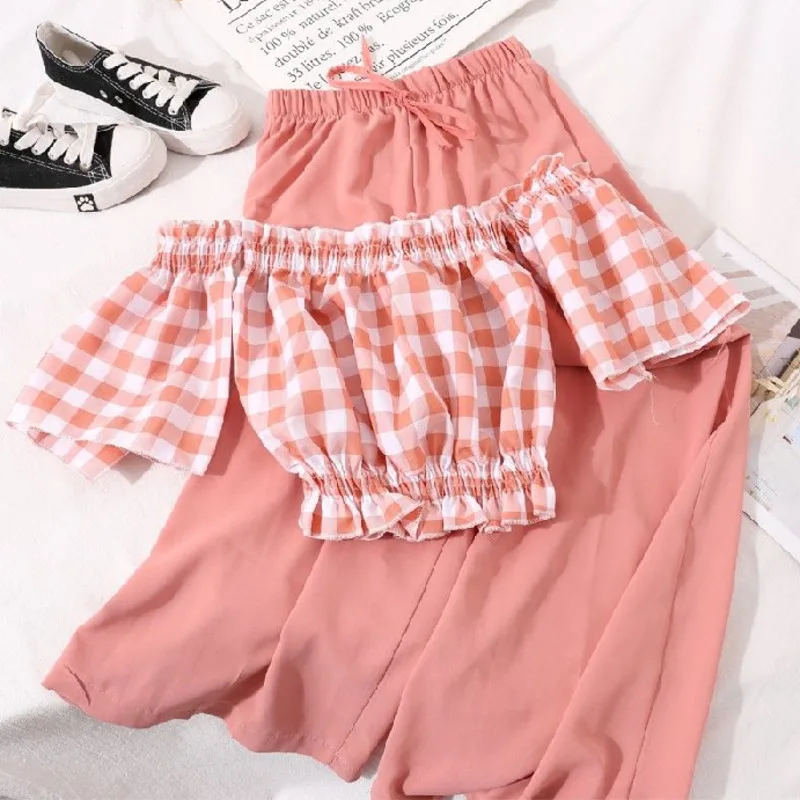 

Новинка лета 2021, стильный женский костюм, корейский топ с высокой талией и широкие брюки, Модный повседневный костюм из двух предметов