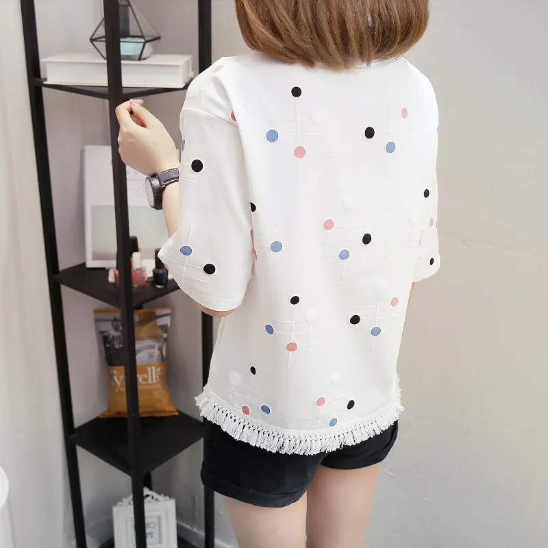 2021 женская летняя футболка свободного кроя с принтом в горошек кисточками