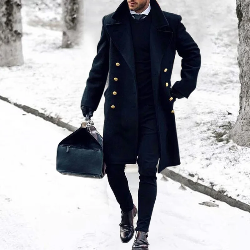 

Мужское длинное шерстяное пальто, облегающее двубортное пальто средней длины, винтажная одежда на осень и зиму