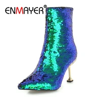 enmayer women ankle boots pointed toe high heels short boots autumn winter boots glitter shoes silver zipper women boots