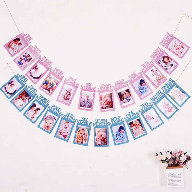 

12 Months Photo Frame Banner First Happy Birthday Party Decoration Kids 1st Baby Boy Girl One Year Birthday Supplies Baby Shower