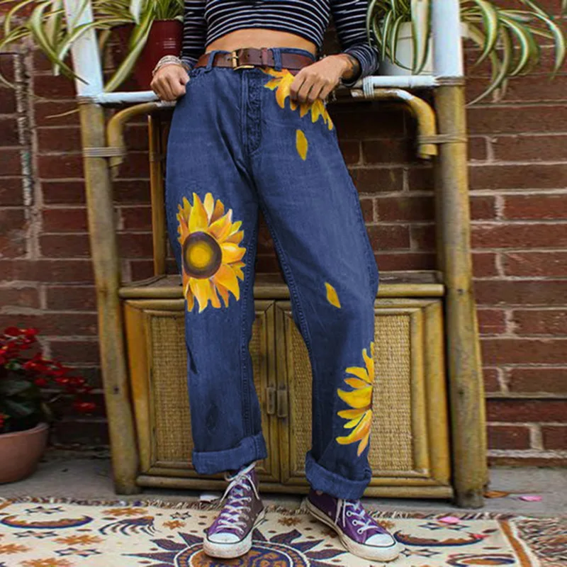 Sfit женские джинсы с цветочным принтом высокой талией широкие свободные Осенние
