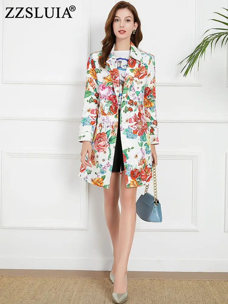

ZZSLUIA Vintage Long Coats For Women Flower Printed Double Breasted Designer Jacquard Trench Fashion Elegant Female Clothing
