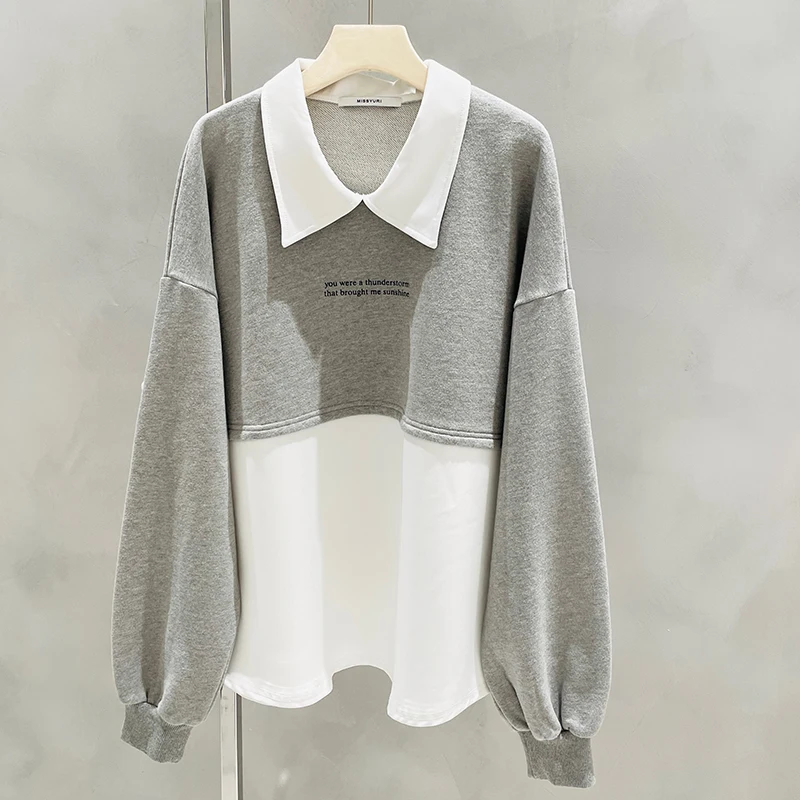 

2021 Spring New Turn Down Collar Patched Color Long Sleeve Fake Two Piece Hoodies Shirt Women's Loose Sweatshirt Tops