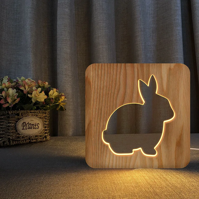 Animal Table Lamp Solid Wood Hollow Crafts Rabbit Night Lamp Table Lamp Led Lights Decoration  Haloween