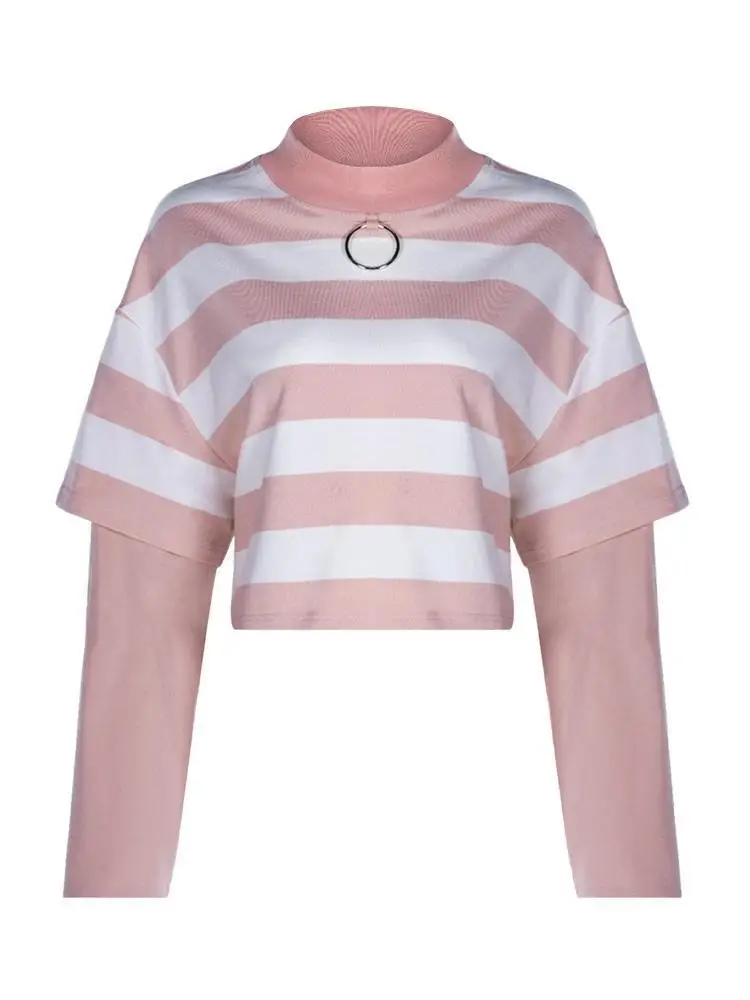 Женские футболки в полоску с длинным рукавом и воротником-стойкой стиле панк