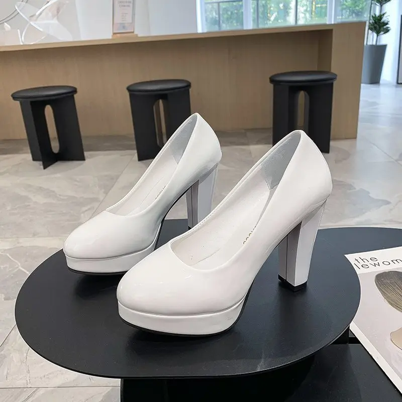 

High-heeled Shoes 2020 Waterproof Platform Fashion Sexy Fine With Round Head Feet Korean Women's Shoes Patent Leather Large Size