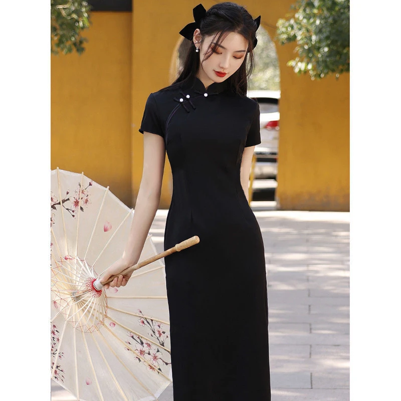 Современное китайское платье для вечеринки Qipao современное женское черное