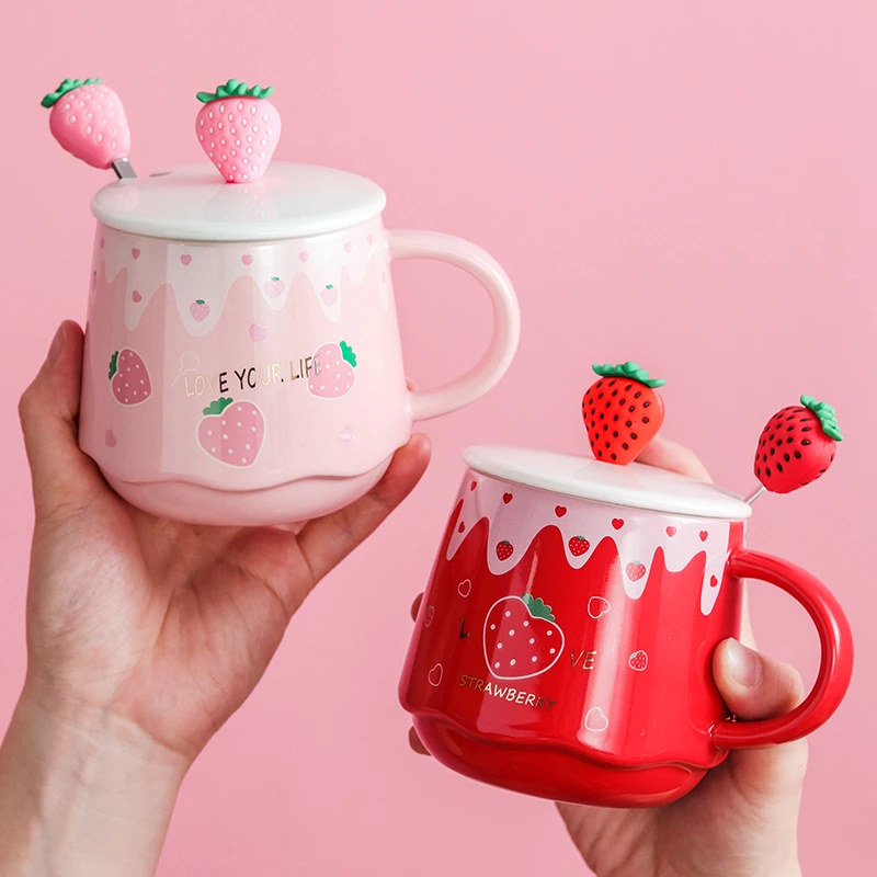 

Kawaii Strawberry Water Cup With Lid Spoon Coffee Ceramic Mugs Set Cute Creative Tea Milk Juice Wholesale Breakfast Cup Gift