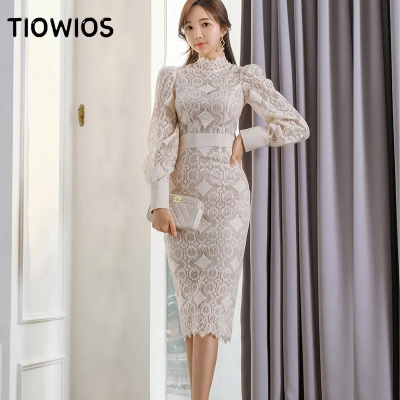 

TIOWIOS 2021 New Woman Korean Socialite Temperament Slim Stitching Lace Long Hip Skirt Fashion Dress