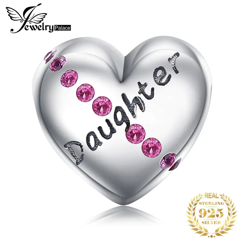 

JewelryPalace 925 Sterling Silver Engraved Daughter Purple Cubic Zirconia Heart Charm Beads Fit Bracelets For Daughter
