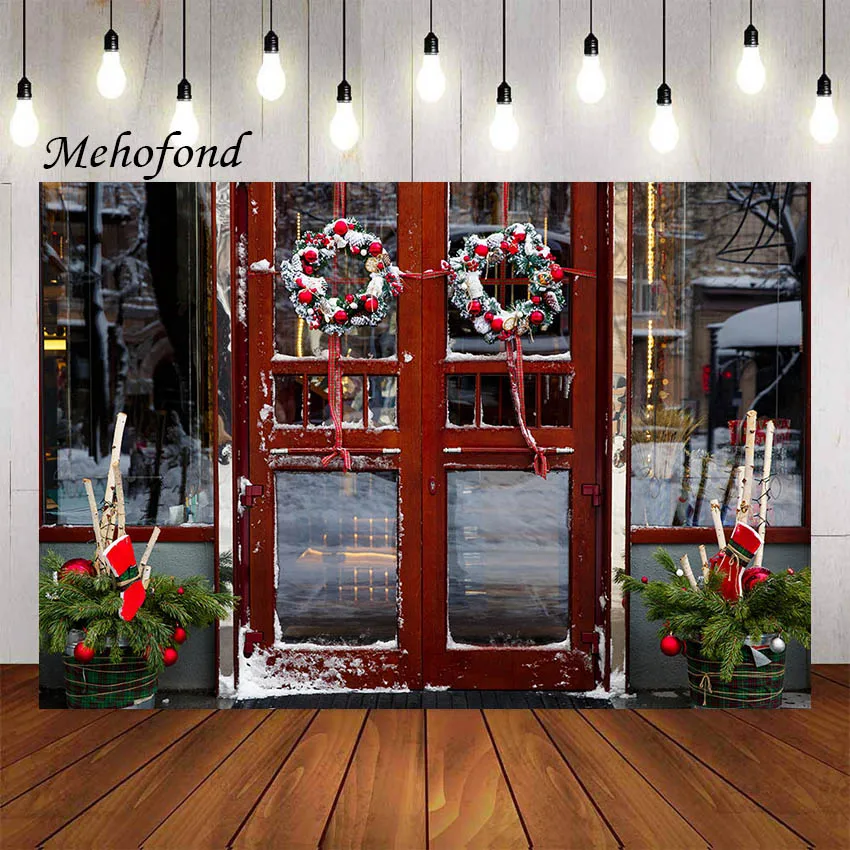 

Фон для фотосъемки Mehofond зима Рождество снег красная дверь венок Сосна дерево дети семья портрет фон реквизит для фотостудии