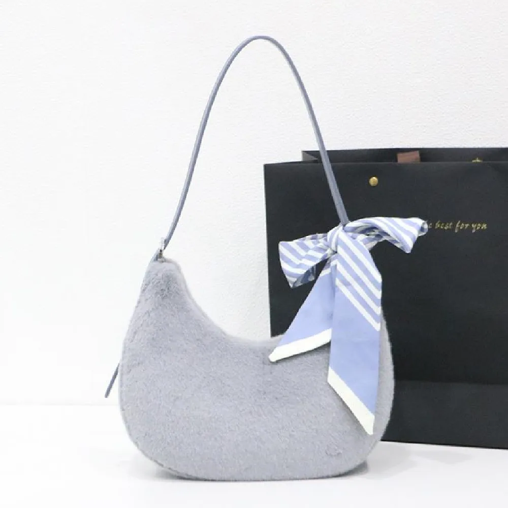 

2021 Plush Bag Female Autumn And Winter New Niche Design High Sense Ribbon Crescent Hand-held Armpit Single Shoulder Hair Bag