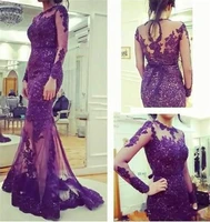 2020 purple lace evening dresses for arabic dubai celebrity plus size long sleeves prom gowns cheap sexy vestidos de festa