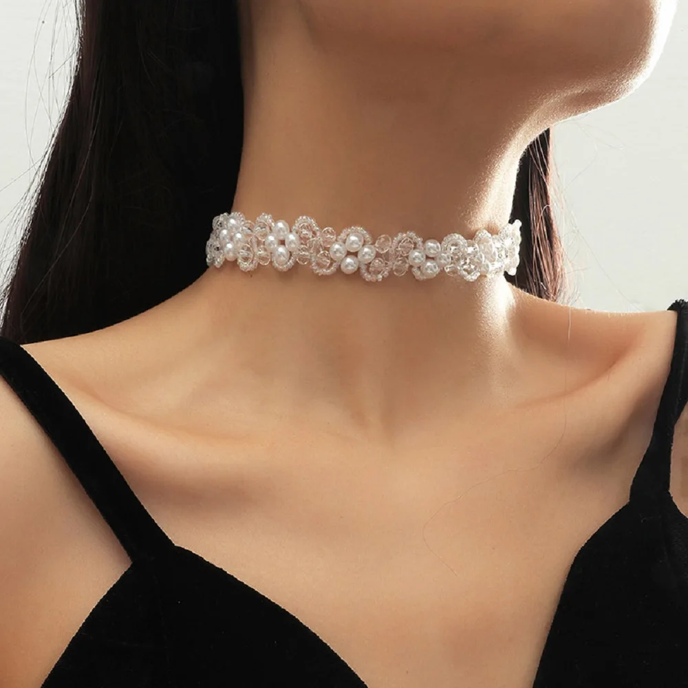 

Creative Design Handmade Beaded Transparent Crystal White Simulated Pearl Flower Chokers Necklaces For Women Party Jewelry Gifts