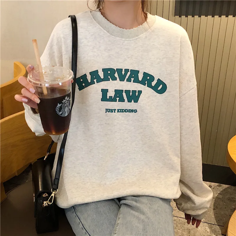 Серый Американский винтажный тонкий свитшот большого размера с принтом Гарварда