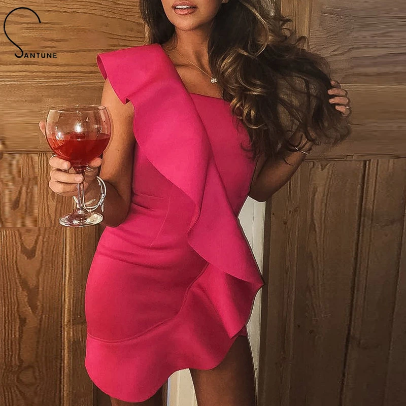Женское мини платье на одно плечо Santune облегающее Клубное с открытой спиной и