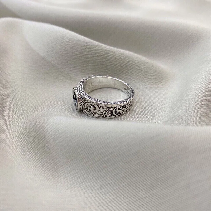

925 silver ring classic GG vintage old craft engraving pattern charm ring free gift box