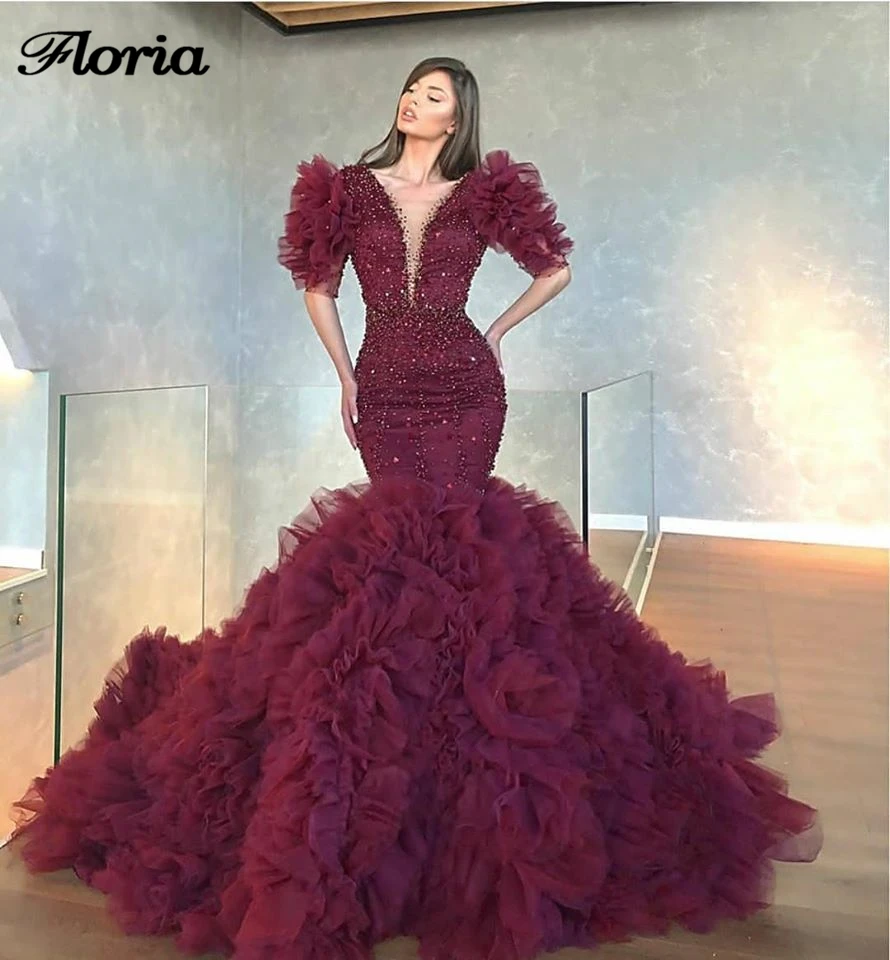 

Mermaid Evening Dresses For Dubai Arabic 2020 Robe De Soiree Kaftans Moroccan Beading Tiered Prom Gowns Celebrity Dresses Women