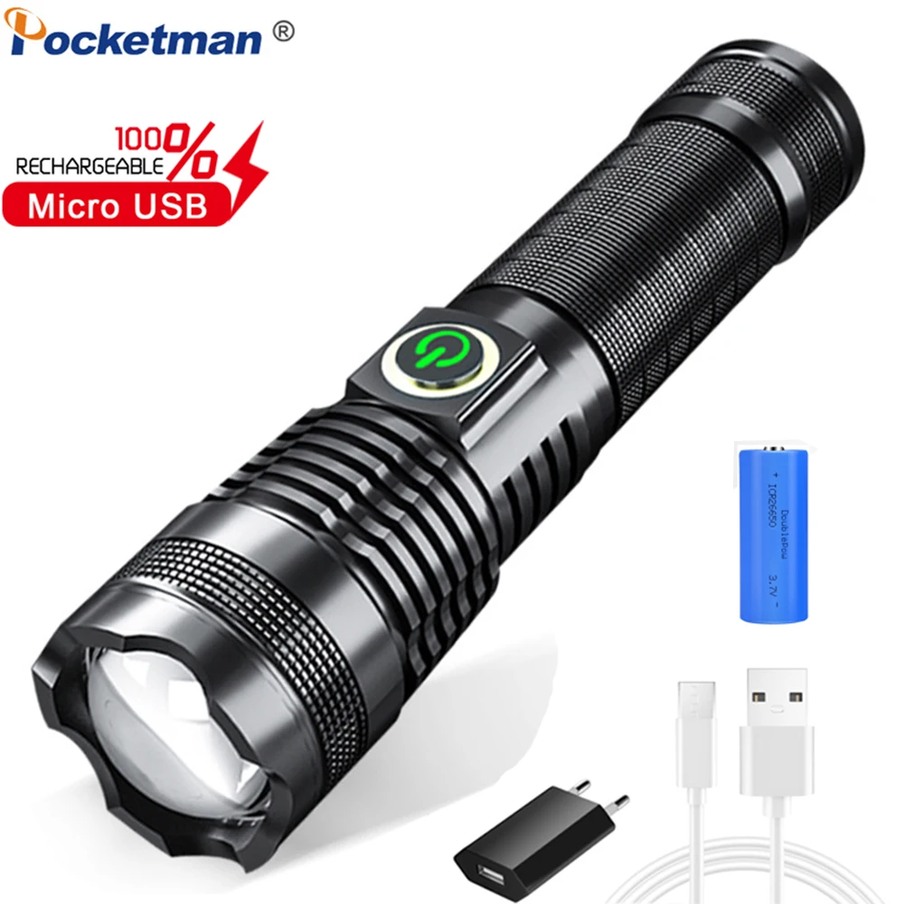 Мощный светодиодный фонарик XHP50.2 18650/26650 лм перезаряжаемый от USB с зумом ручной