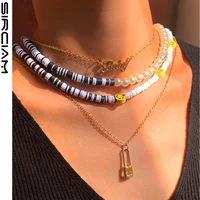 new baby smiley asymmetry clay beaded necklace for women soft pottery bead pearls choker lock charm layered party femme jewelry
