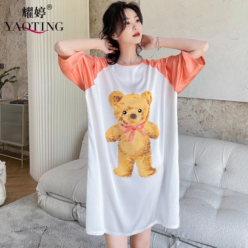 

Yao Ting Pajamas Sexy Ladies Summer Satin Chiffon Large Edition Rotator Sleeve Dress Pullover Bear Print Sleepdress