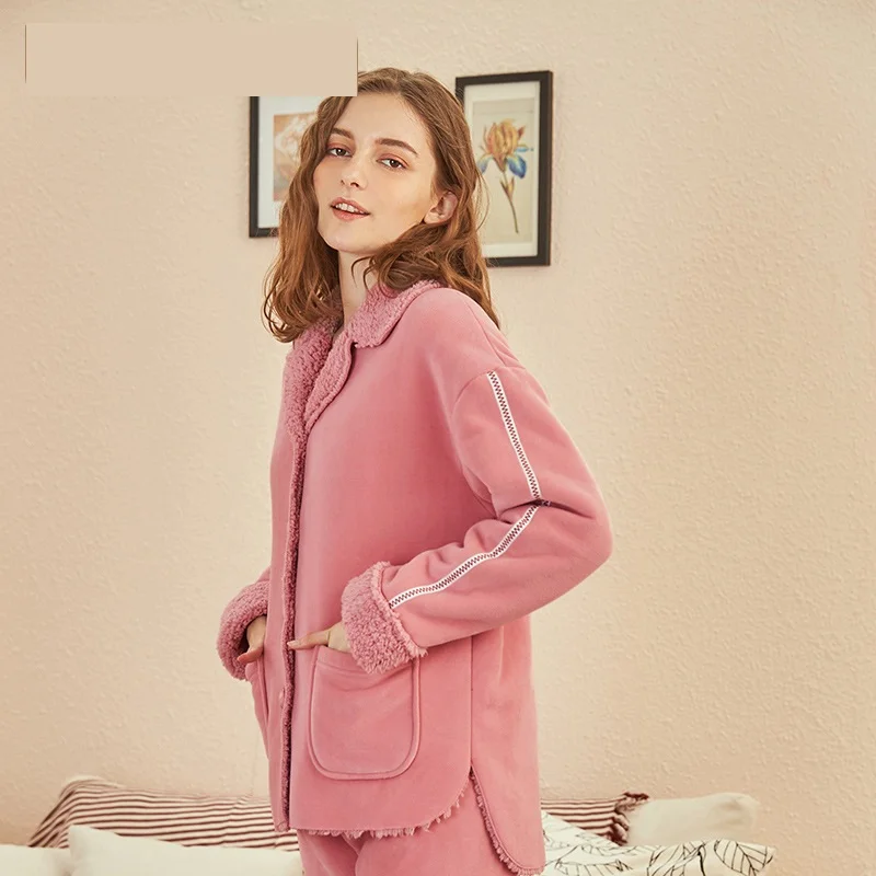 Зимние женские пижамы из двух частей фланелевые плотные теплые с принтом для