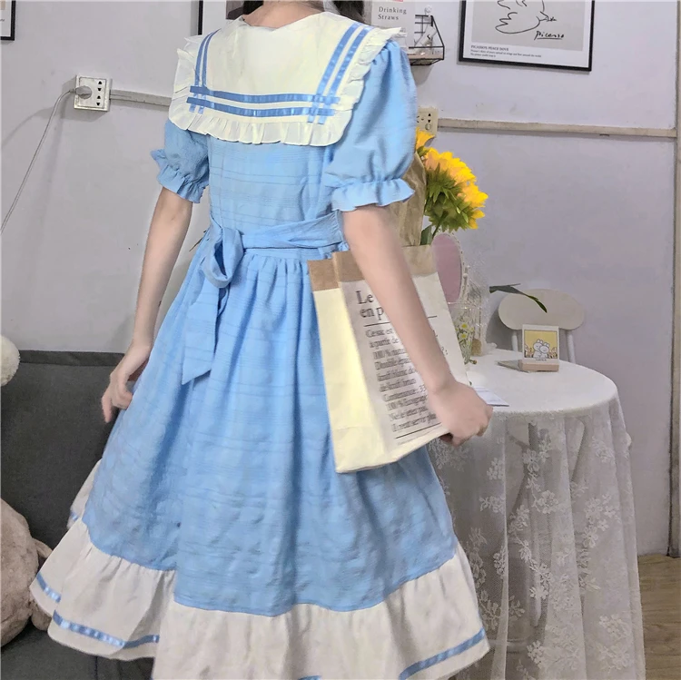 

Japanese 2021 Summer New Kawaii Soft Girly Dresses Sweet Sailor Collar Cute Bow Petal Sleeve Dress Loose Women Lolita Dress