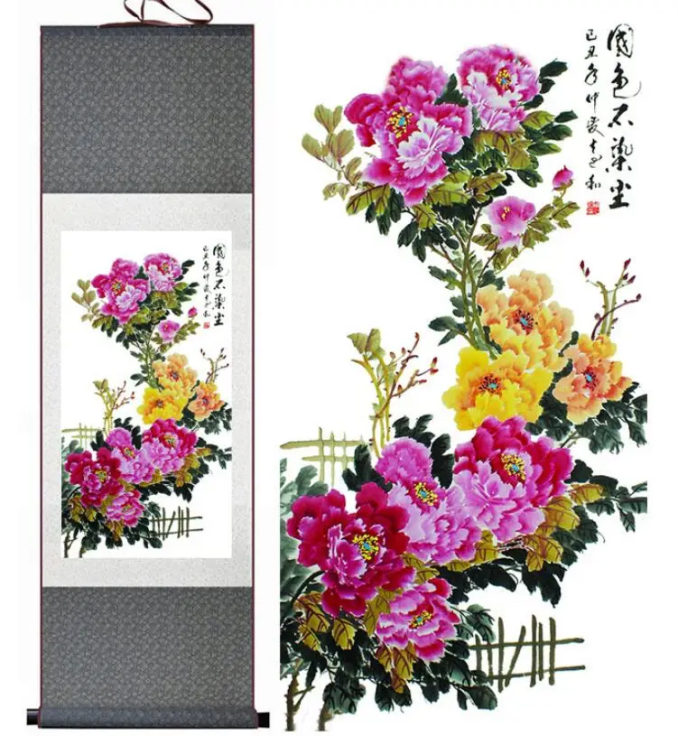 

peony flower painting Chinese scroll painting birds and Peony flower paintingPrinted painting