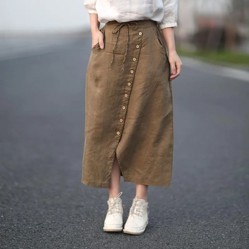 

2020 Summer New Arts Style Women High Waist Casual Long Skirt Single-breasted 100% Linen Vintage Skirt Femme Saia Longa M290