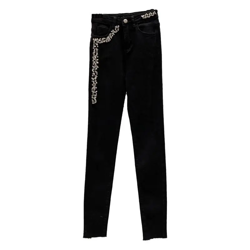 

2021 Winter New Water Drill Bead Design Shiny Plus Velvet Ladies Pencil Jeans Black Pants Woman High Waist Denim Pants