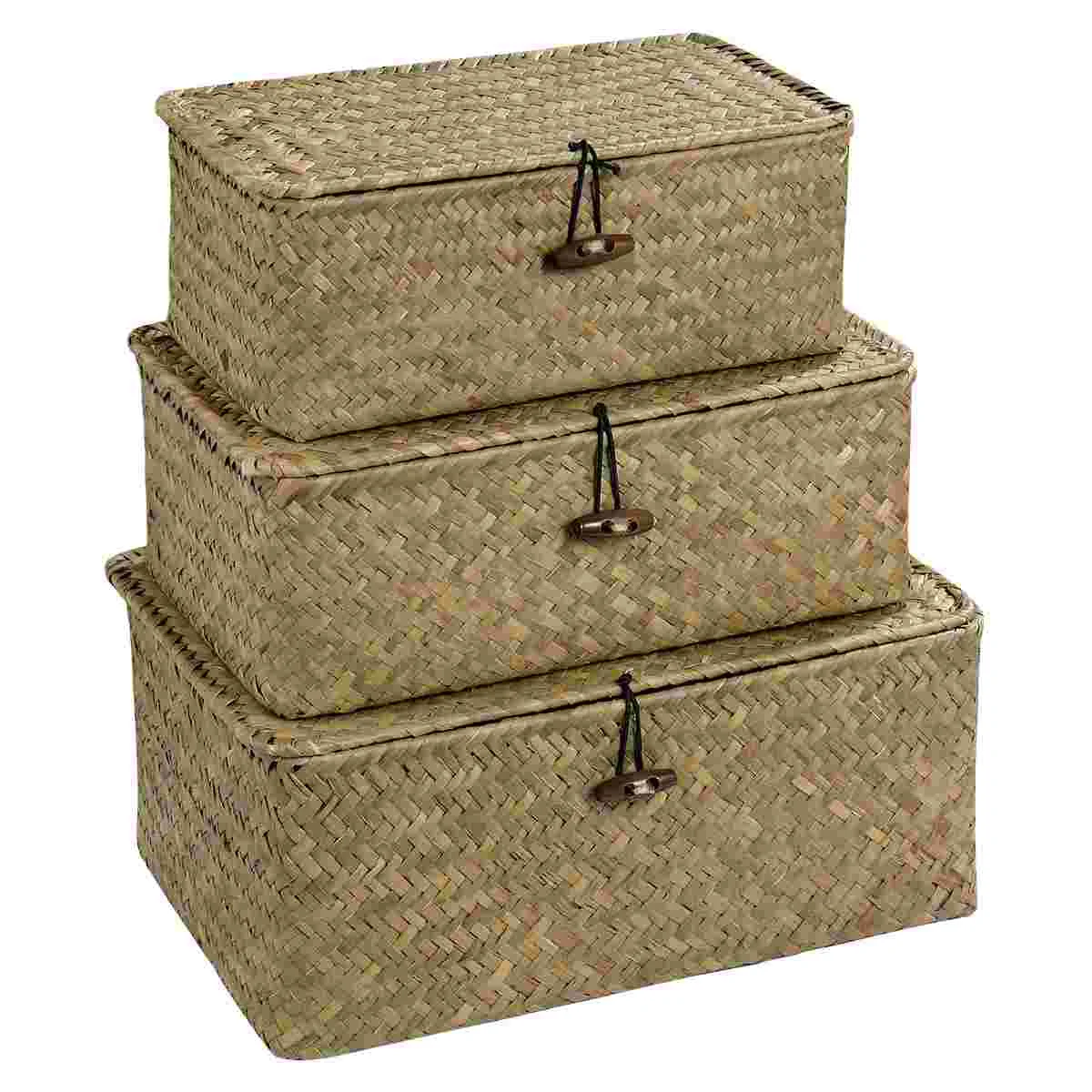 

Vosarea 3pcs New Seaweed Woven Basket 3 Sizes Desktop Sundries Storage Box Clothes Storage Organizer with Lid for Home Bedroom