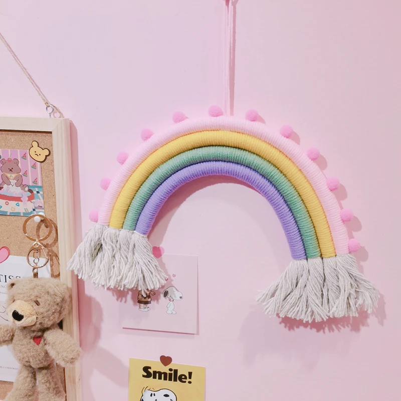 

Ins скандинавский макраме ручной работы Радужный гобелен в стиле бохо подвесные украшения на стену украшение для детской комнаты ветряные к...