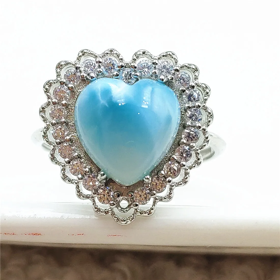 

Namibia Natural Larimar Blue Dominia Heart Adjustable Ring 10x10mm Water Pattern Love Larimar 925 Sterling Silver AAAAAA