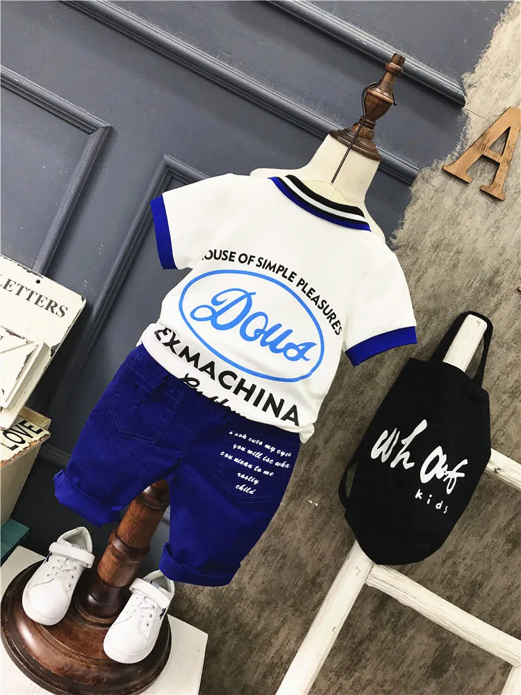 2PCS boys summer clothing set kids fashion letter printed shirt and blue short baby casual turn down collar sleeve top | Детская одежда