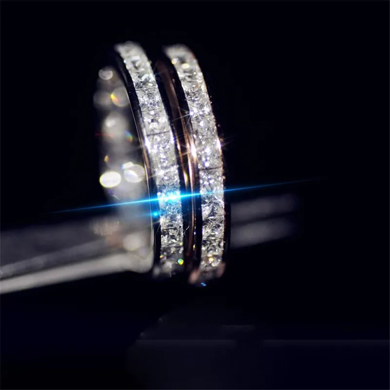 

Luxury Jewelry Hot Sell 925 Sterling Silver&Rose Gold Fill Full Princess Cut White AAAAA Cubic Zircon Promise Wedding Band Ring