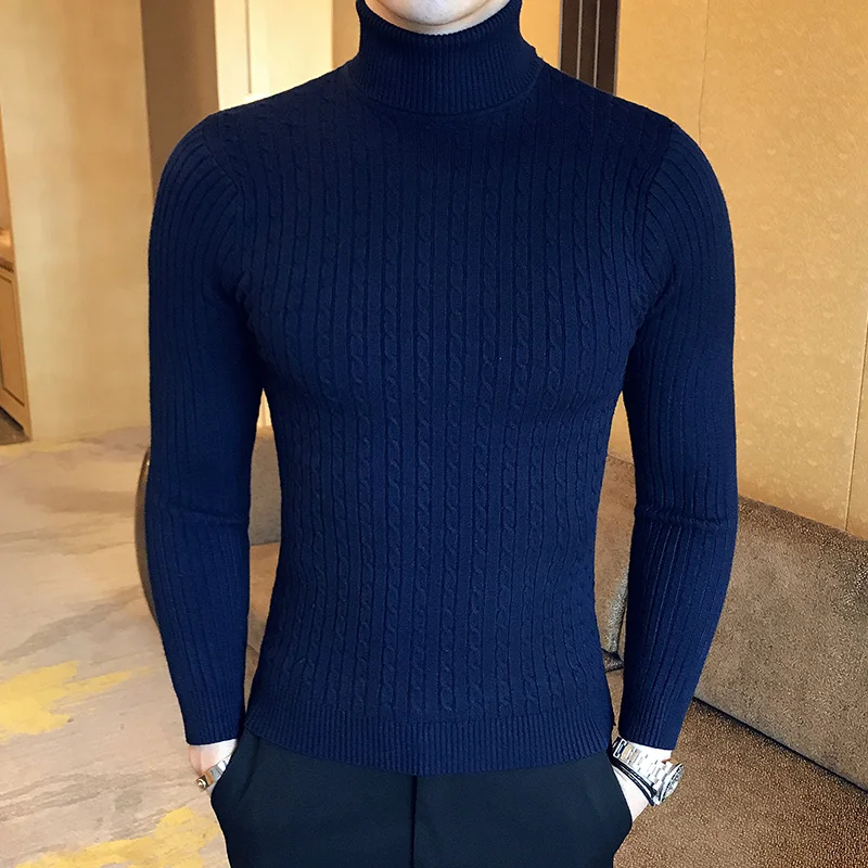

2021 Korean Slim Solid Color Turtleneck Sweater Mens Winter Long Sleeve Warm Knit Sweater Classic Solid Casual Bottoming Shirt