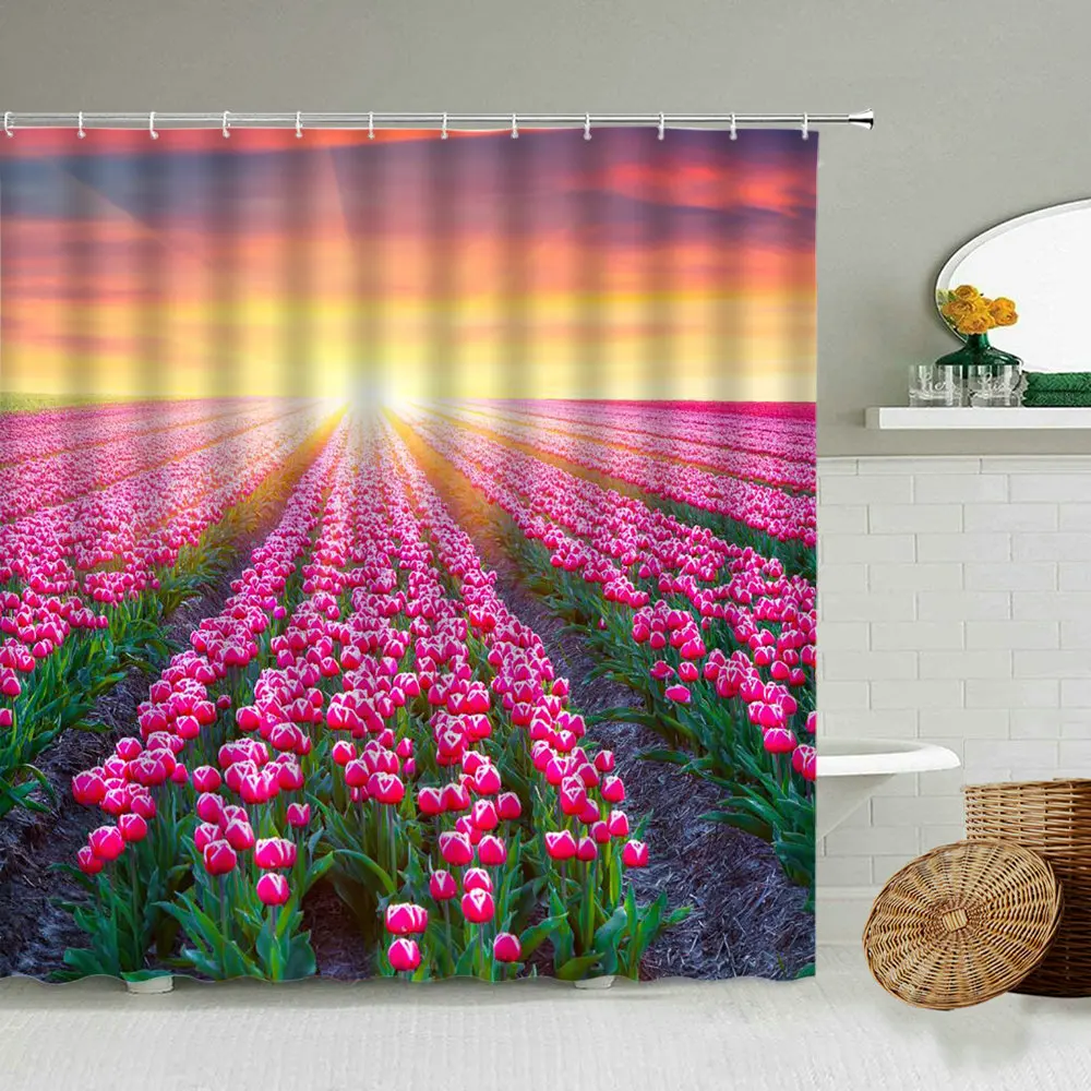 

Rural Scenery Shower Curtain 3D Purple Lavender Hot Air Balloon Bathroom Home Wall Decoration Waterproof Polyester Curtains