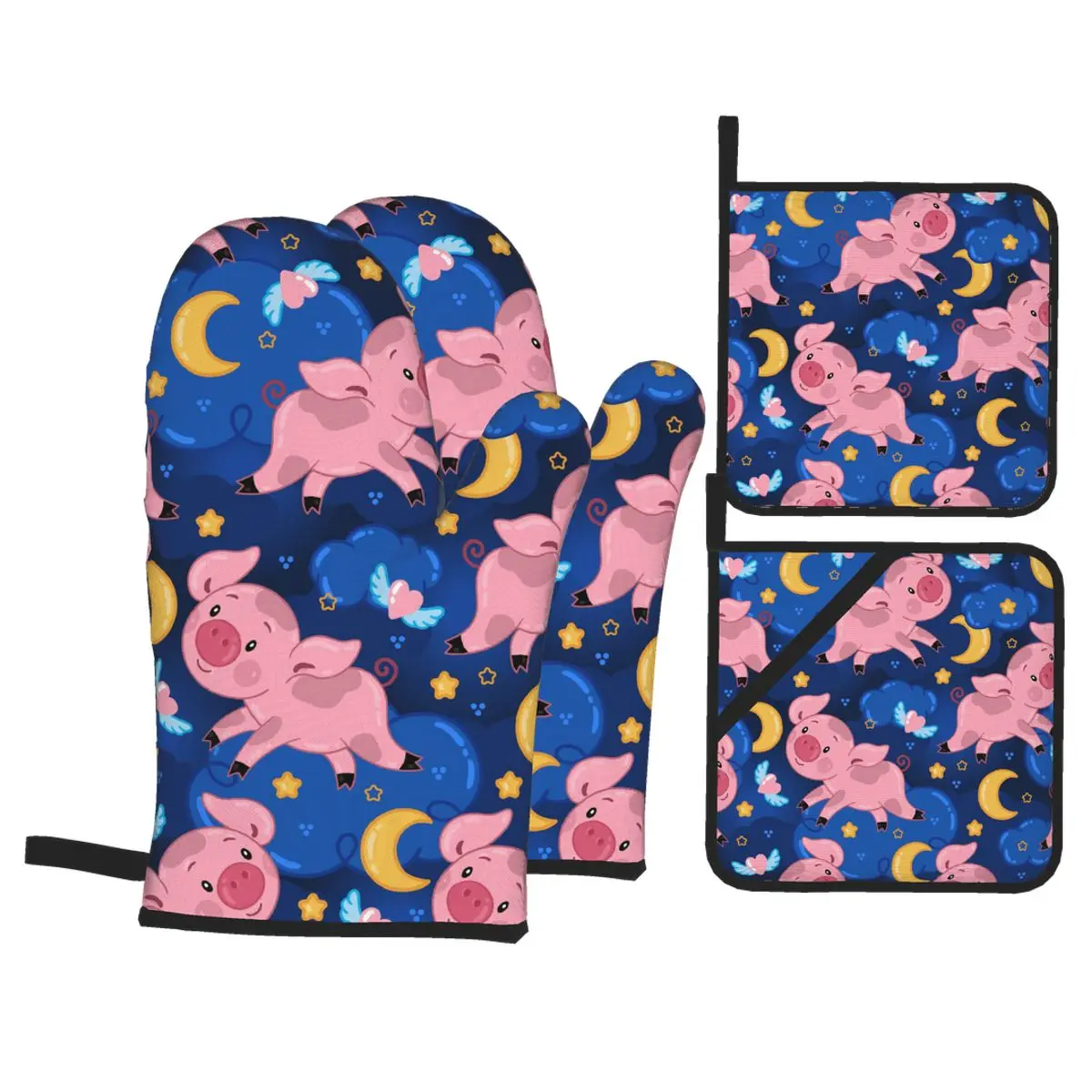 

4 Pieces Oven Gloves Mitts Pigs Night Sky With Moon Stars Kitchen Gloves Tray Dish Bowl Holder Baking Insulation Hand Clip