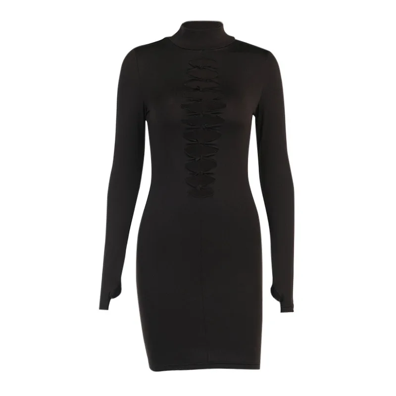 

Lace Up Deep Half High Collar Ribbed Long Sleeve Bodycon Dresses Women Patchwork Hot Club Partywear Sexy Fashion Mini Dress Fall